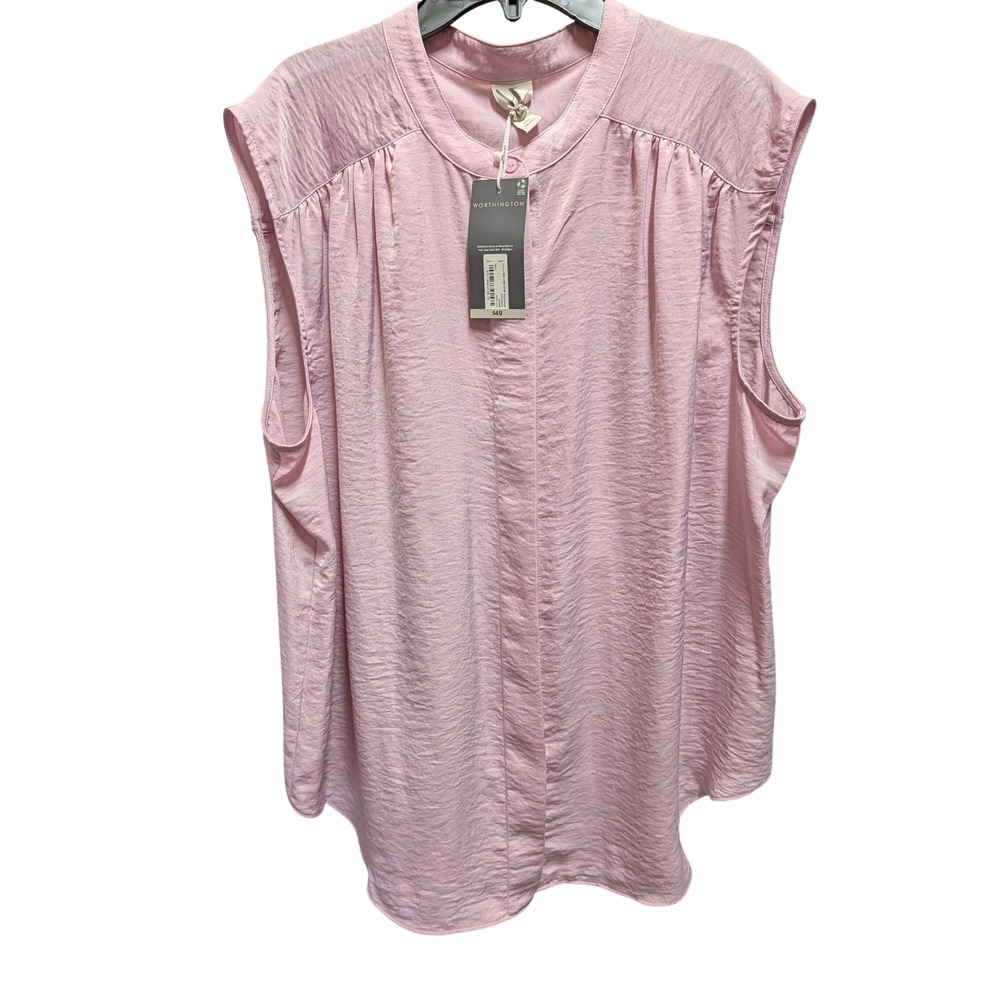 Worthington Sleeveless Blouse Women XXL Pink NWT Satin Band Collar Gathered Top